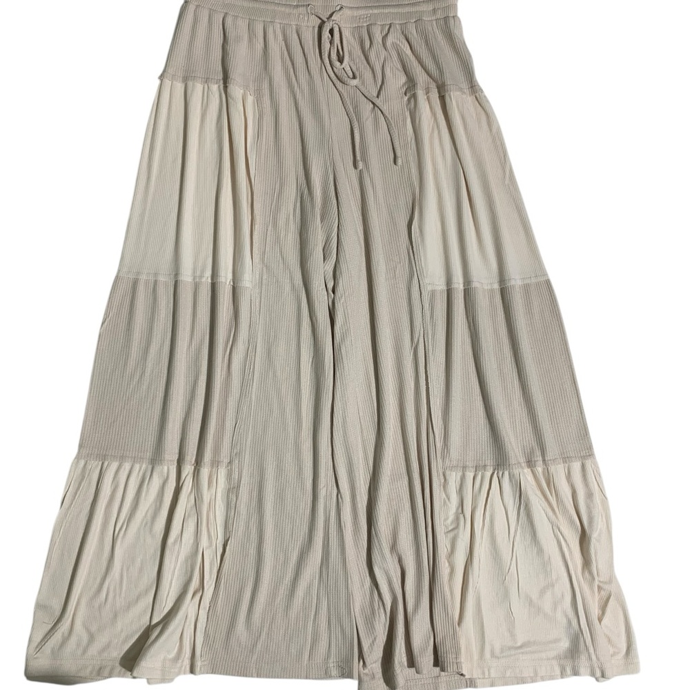 POL Loose Knit Wide Leg Patchwork Boho Palazzo Beige Pants Size M